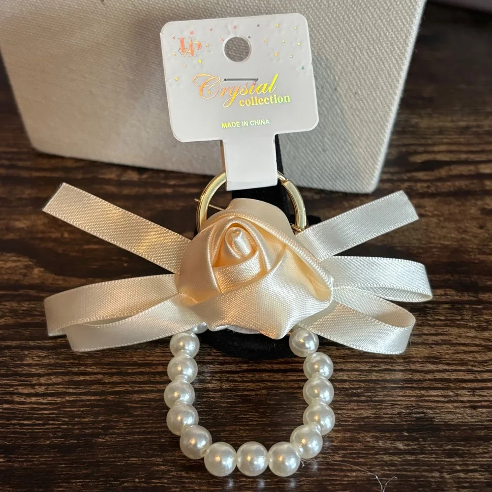 Crystal Collection Ivory Satin Rose Faux Pearl Bow Keychain Gold Tone Clasp